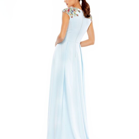 NEW Mac Duggal Beaded Cap Sleeve V Neck A Line Gown Blue Maxi Dress 26540 - Picture 5 of 7
